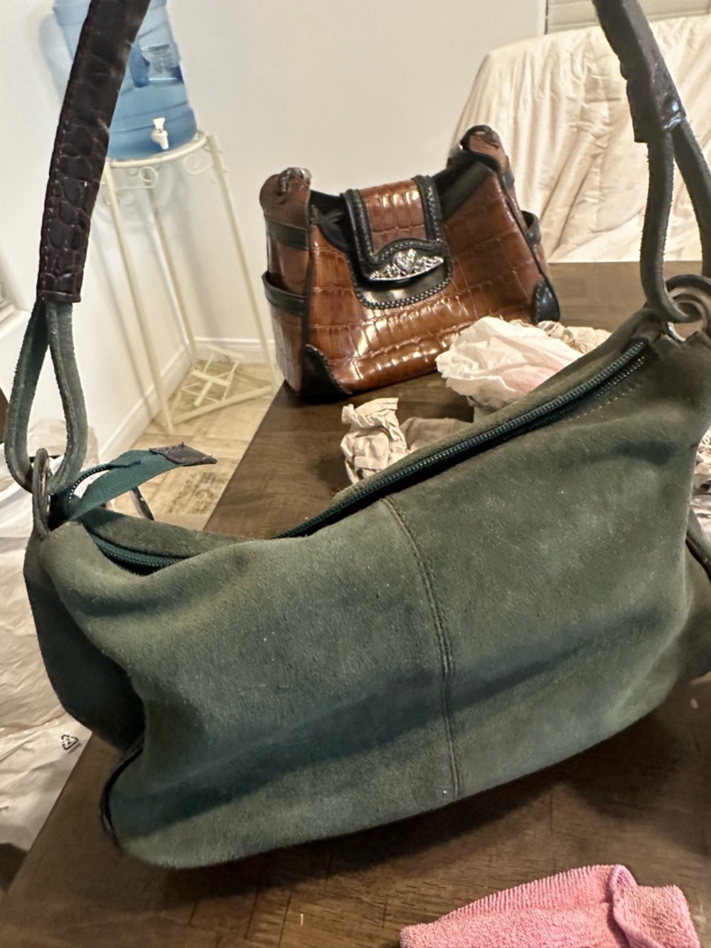 Furla Dark Green Suede Shoulder Bag with Brown Strap